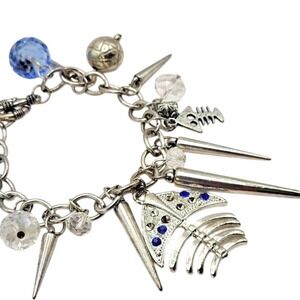 Silvertone and‎ Blue Unique Charm Bracelet Fish Bones Spikes Beads 7.5" Bracelet